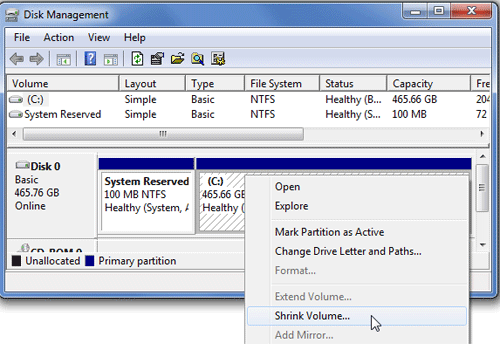 Windows 7 Disk Management, Shrink Volume